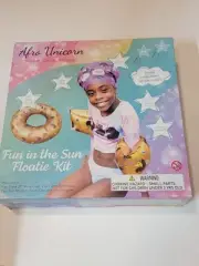 NEW Afro Unicorn Floatie 5 Pcs. Kit NIB. Ring,goggles,cap,patches,arm Floaties.