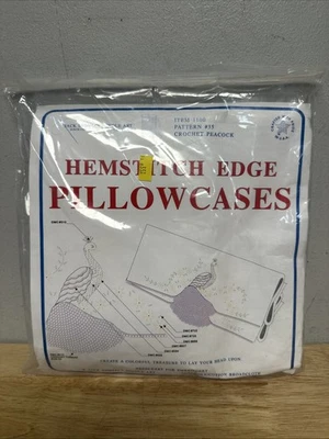 Vtg Hemstitch Edge Standard Pillow Cases Kit #35 Crochet Peacock Jack Dempsey