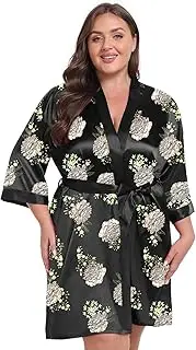 [VASHOP] Women Plus Size Robe Knee Length Satin Kimono Bathrobe Floral Kimonos Sleepwear Dressing Gown, Black Flower, X-Large