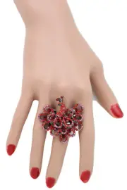 Women Classic Peacock Ring Red Pink Feather Metal Stretch Band Dreamy Jewelry