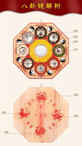 歐圣英八卦鏡家用門口凸鏡凹鏡桃木九宮八卦鏡太極四神獸掛件