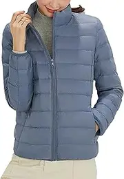 [JEShifangjiusu] Women's Lightweight Plumon Jacket with Long Sleeve Hat with Chain Winter Coat Fully Foldable Warm Short Plumon Coat, Blue, 3XL