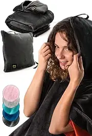 MasterManner Travel Blanket Airplane Compact with Hoodie – 2in1 Airplane Travel Accessories from Plane Blanket to Travel Pillow with Luggage Strap, Soft Handle & Secure Pocket