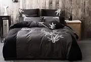 Oriental Bamboo Pattern Quilt Cover Set, 3pcs Charcoal Grey Doona Cover Set, Luxury King Size Embroidery Black Grey Quilt Cover Set (King Size)