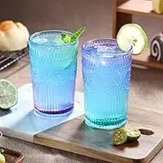 Vintage Drinking Glasses Set of 6, 13 oz Highball Glasses, Embossed Ribbed Glassware Cups for Cocktail, Water, Juice, Beer, Coffee, Whiskey