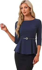 [Allegra K] Peplum Tops for Women's 3/4 Sleeve Teacher Belted Elegant Business Work Blouse