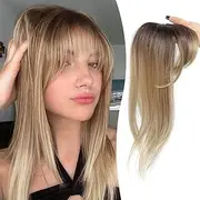 Clip in Fringe 360°Cover Fake Fringe Clip in Hair Bangs for Women Synthetic Wispy Extensions with Long Layered French Bangs HairPieces for Daily Use（Ombre Brown Blonde）