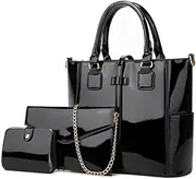 [YAQUNICER] Patent Tote and Purse 3pcs for Women Glossy PU Top-handle Handbags Chain Messenger Bag Clutch Card Holder