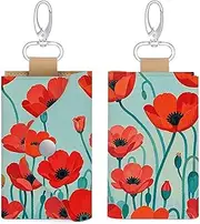 [Dwrepo] Poppy Flowers Print Leather Key Case Key Holder Keychain Card Holder with 6 Hooks Wallet Pouch for Men Women, White