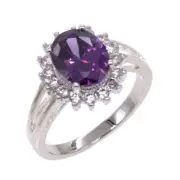 SILVER RING PURPLE OVAL CUBIC ZIRCONIA STONES SIZE 10 ( 2036 )