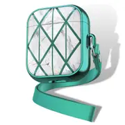 Airpod Case For Apple Airpods Gen 1 & 2 - Marble Mosaic Art Deco Design Protective Cover With Keychain Lanyard - Supports Wireless Qi Charging For Airpods Generation 1 & 2 - White Green Lanyard