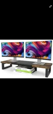 Dual Monitor Stand Riser, Wood and Steel Monitor Stand Riser, Computer Monito...