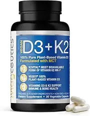 Magceutics VegD3+K2Vital has 5000 iu of VegD3 Vitamin D3 and 100mcg of K2Vital Vitamin K2 All Plant Based Formula Organic Kosher Ingredients Non GMO Vegan Supports Stronger Bones & Immune 30 Capsules