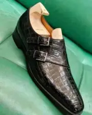 Handmade men black crocodile double monk shoes, leather tuxedo dress shoes mens