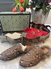GUCCI X DISNEY Mini GG Supreme Monogram Mickey Mouse Fur Princetown Mules 7 Shoe