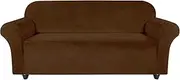 Velvet Thick Sofa Cover for 4 Cushion Couch Covers Sofa|Non Slip Sofa Cover |Washable、 with Foam Strips & Elastic Bottom for Living Room Dogs Cat Pet Plush Seat Couch Slipcovers-Dark Coffee