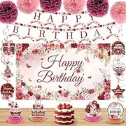 LUUFILx Burgundy Birthday Party Decorations for Girls Women Flower Butterfly Happy Birthday Banner with Hanging Swirls Honeycomb Centerpieces Paper Pom Pom for Burgundy Birthday Party Supplies