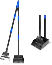 Dog Pooper Scooper Long Handle Stainless Metal Tray Rake Set with Adjustable
