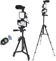 Smartphone Video Kit, Vlogging Kit with Microphone, Light, Tripod (50" Extendable), Remote Control, Compatible with iPhone/Smartphone/Cameras, Black
