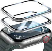 Uyiton 2 Pack for Apple Watch Series 8/7 Screen Protector 45mm, [Strong Adsorption] Titanium Alloy Frame+Diamond Hard Tempered Glass Full-Coverage High-Touch iWatch 45 mm Protective Cover, Silver