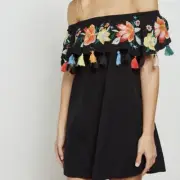 NWT TopShop Bardot Off the Shoulder Floral Embroidered Tassel Mini Dress, 4