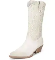 Sam Edelman Brenda Off White Stacked Heel Pointy Toe Woven Mid-Calf Western Boot