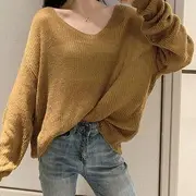 V-Neck Plain Knit Top Yellow - One Size