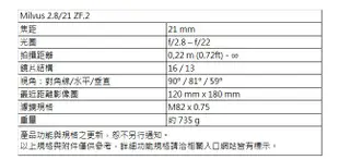 蔡司 ZEISS Milvus 2.8/21 ZF.2 鏡頭 公司貨 For Nikon