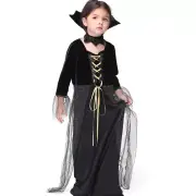 Halloween Costume For Kids Girls Black Long Lace Dance Party Dress Witch Outfit