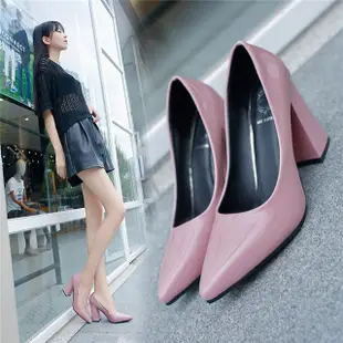 高跟鞋 女鞋 跟鞋 新款 韓版女士尖頭粗跟高跟鞋女學生淺口單鞋女+發票