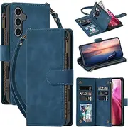 for Samsung Galaxy A35 5G Wallet Case,for Galaxy A35 5G Case,Boyobacase PU Leather Wallet Flip Cover Stand Feature[ 6 Card Slots and 1 Zipper Coin Pocket] with Wrist Strap-Blue