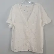 Old Navy V-neck Button Front White Eyelet top Calla Lily womens size Large