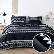 Lekebobor Quilt Cover Set Queen Size, Ultra Soft Microfiber Bohemian Duver Cover Bedding Set, 3 Piece Boho Doona Cover Set with Zipper Closure and Corner Ties, Black Geometric Pattern