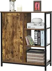 Giantex Industrial Storage Cabinet, Free Standing Cupboard with 3 Open Shelves & Door, Multifunctional Floor Cabinet Sideboard with Metal Frame for Living Room, Kitchen, Hallway, Bathroom, Bedroom