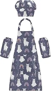 AIXIWAWA Kids Apron Chef Hat Set, Child Kitchen Bib Aprons Adjustable for Cooking Baking Painting (Purple Rainbow Llamas)
