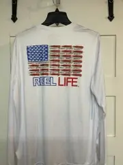 Reel Life Mens White Long Sleeve fishing Shirt SPF 50+ American Flag Lures