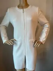 New St John Knit Long Jacket Topper size 8 White Nouveau knit wool rayon