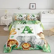 jejeloiu Personalized Gifts Kids Bedding Set,Boys Girls Full Size,Lion Elephant Wild Animal Pattern Comforter Set,Initial Letter A Duvet Quilt,Monogrammed Comforter Zoo Animals Bedroom Decor,Green