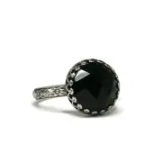 12mm Rose Cut Black Onyx Ring Symmetrical Flower Crown 925 Sterling Silver
