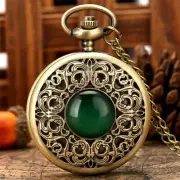 Steampunk Bronze Charm Green Stone Case Quartz Pocket Watch for Women Men Gifts