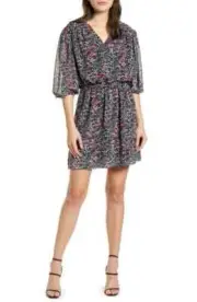 REBECCA MINKOFF Floral Print ISABELLA V-Neck Balloon Sleeve Mini Dress M 6/8