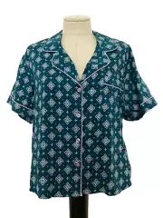 JOYSPUN WOVEN NOTCH Corsair Blue Print Button Front Short Sleeve PJ Top Sz L *