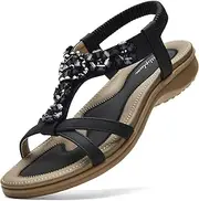 [Littleplum] Sandals Women's Casual Flat Sandals with Rhinestone Beads Bohemia Beach Shoes Casual Ankle Elastic Flip Flops, 61 Black, 10.5 AU