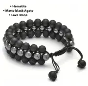 Men's Adjustable Size Bracelet with Hematite, Matte black agate and Lava stones