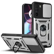 case For Moto Edge 30 Pro Slide Camera Lens Protection and Built in 360 Rotatable Ring Holder - Silvery