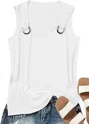 [Ovazly] Tank Tops for Women O Ring Casual Scoop Neck Cami Sleeveless Shirts Basic Holiday Tank Tops Athletic Fashion Tee
