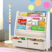 Keezi Kids Bookshelf, 4 Tiers Storage Book Shelf Bookshelves Corner Wall Toy Bookcase Rotating Display Shelves Home Living Room Bedroom Kindergarten Furniture, Safe Rounded Edges White