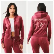 NWT True Religion Velour Lurex Big T Zip Hoodie Cordovan Women’s Size Medium