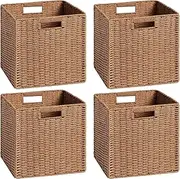 [UBBCARE] 4 Pack Wicker Basket, 11L×11H×10.5W inch Woven Paper Rope Storage Baskets for Shelves, Foldable Cube Storage bin with Handle, Storage Basket for Organizing & Decor, Caramel