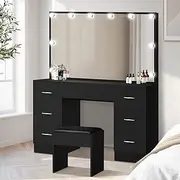 Oikiture Makeup Vanity with Makeup Mirror and Stool LED Dressing Table Makeup Desk Black